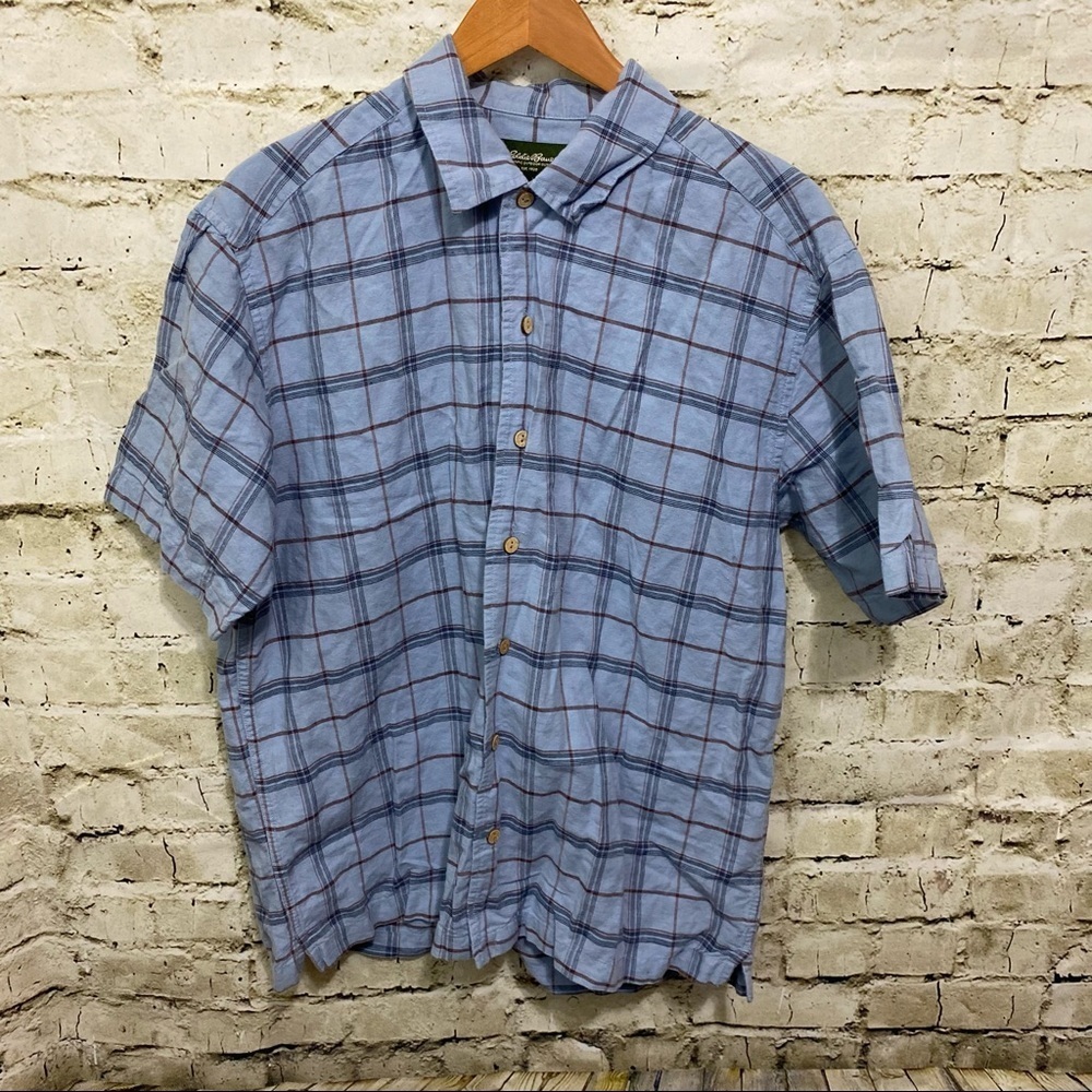 Eddie Bauer Blue Plaid Linen Blend Short Sleeve Button Up Shirt